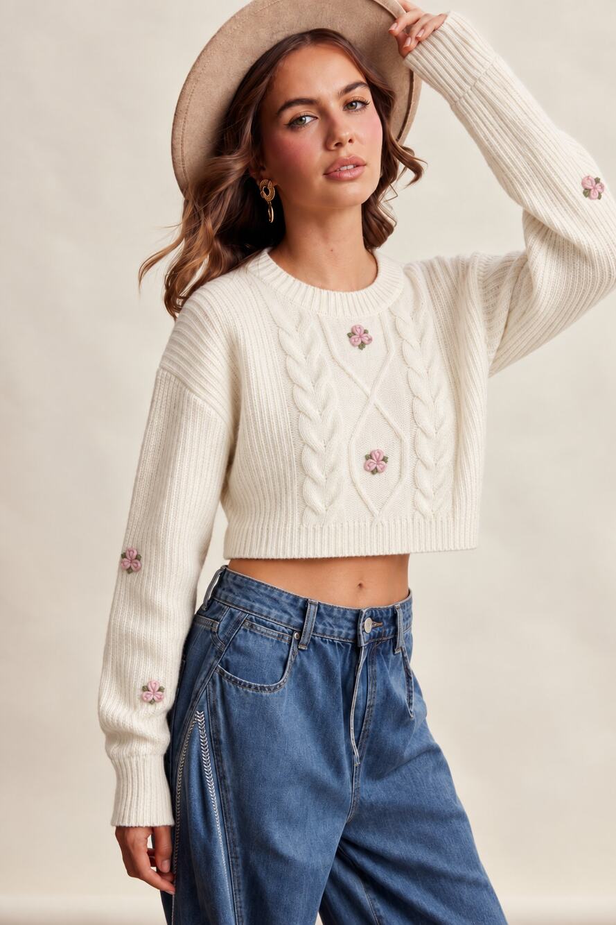 Very Truly Yours Ivory Rose Embroidered Cable Knit Sweater Women L Coquette NWOT